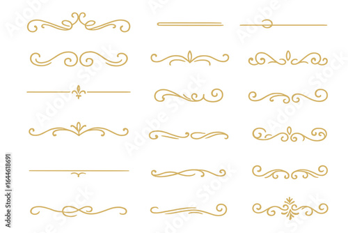 Set of elegant gold dividers, flourishes, and ornamental lines. Decorative vintage borders collection. Minimal separators, artistic filigree embellishments for wedding invitations.