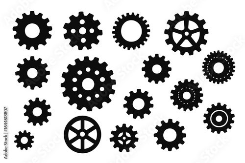 Diverse gears, cogs, wheels vector illustration set with various mechanical engineering designs on transparent background for industrial and technology graphics