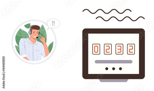 Male customer service representative in headset talking, digital timer counting down. Ideal for support, communication, urgency, tech assistance, customer care, deadlines problem-solving. A simple