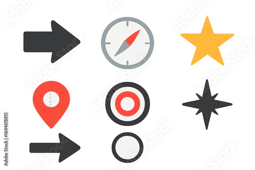 Navigation icon set with compass, star, map pin, target, and arrow. Vector graphic elements for location, direction, maps, infographics, UI, UX, GPS, and web design projects.