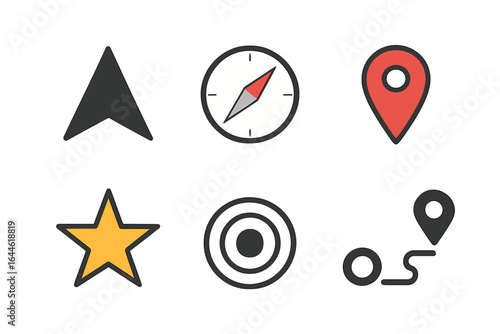 Navigation and location icon set. Vector collection with arrow, compass, map pin, target, and route symbols. Flat design elements for GPS, maps, travel, and direction.