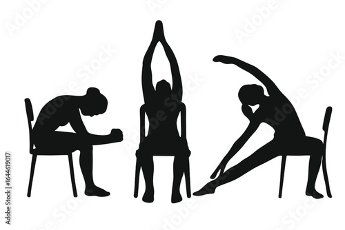 Chair yoga poses silhouette set. Woman performing stretching exercises on a chair for office workout or senior fitness. Accessible gymnastics for wellness and health vector icons.