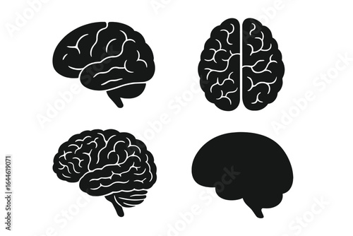 Brain icon silhouette vector set. Human organ for neuroscience, psychology, and education. Symbol of mind, intelligence, and mental health. Anatomy clipart illustration.