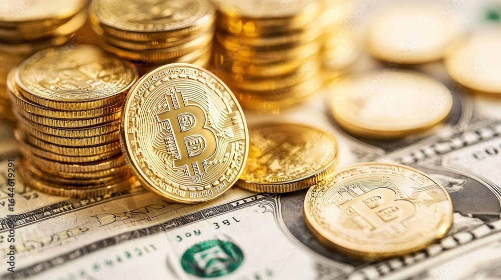 A stack of gold-colored Bitcoin coins on a pile of US dollar bills. A stack of gold-colored Bitcoin coins on a pile of US dollar bills.