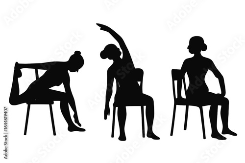 Chair yoga poses set. Woman silhouette practicing stretching exercises on a chair. Office workout, fitness for seniors, wellness concept. Vector illustration collection.