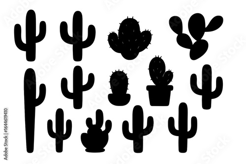 Cactus silhouette set vector illustration. Collection of black cacti icons. Mexican desert plant, saguaro and succulent graphic elements for design on isolated background.