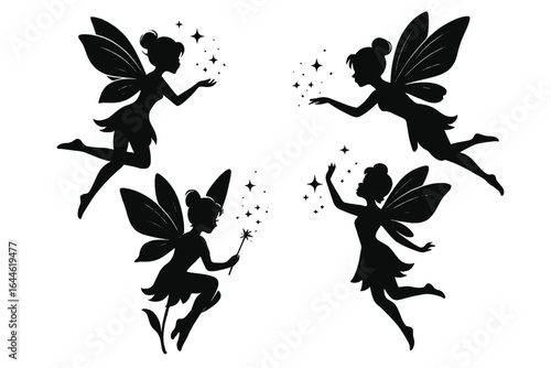 Set of enchanting fairy silhouettes. Magical flying pixie with wings and magic wand. Fantasy fairytale characters with stars for children's story illustration vector art.