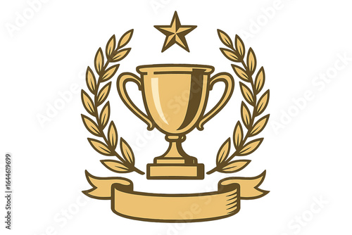 Gold trophy cup with laurel wreath, star, and banner. Award for victory, honor, and triumph. Vector emblem for champion, winner, or first place competition success.