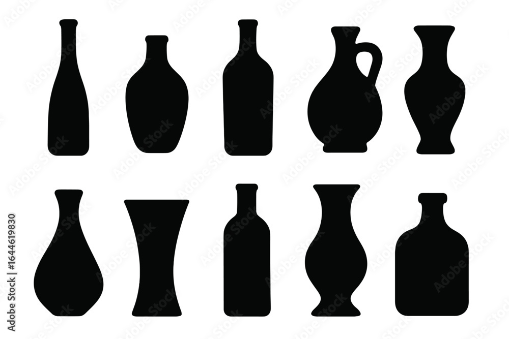 Black bottle and vase silhouette vector set, isolated collection of various shaped bottles and vases, elegant black container designs on white background, vector illustration transparent background Black bottle and vase silhouette vector set, isolated collection of various shaped bottles and vases, elegant black container designs on white background, vector illustration transparent background