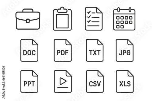 Business line icon set. Office symbols collection. Document file formats. Briefcase, clipboard, checklist, calendar. DOC, PDF, TXT, JPG, PPT, MP4, CSV, XLS. Vector.