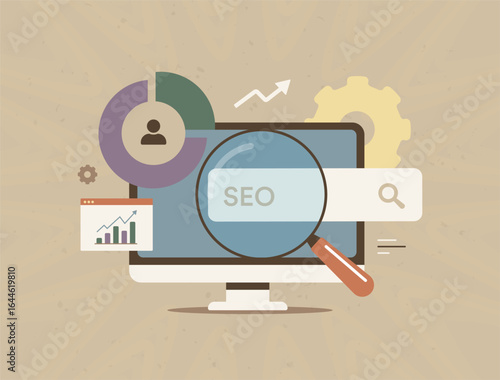 SEO strategy with analytics dashboard, keyword ranking chart and website optimization report. Digital marketing plan, SEO strategy for business growth vector illustration natural background