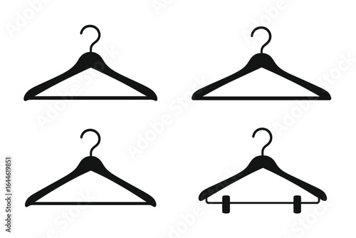 Hangers vector icon set. Black silhouette of clothes hangers for fashion, retail, and laundry. Essential garment holder for wardrobe, closet, or store display. Isolated.