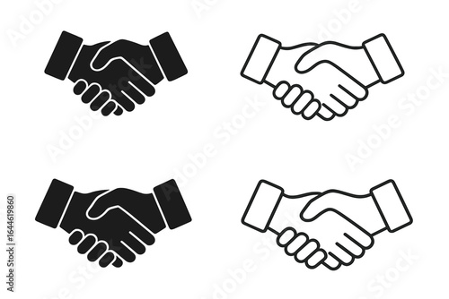 Handshake icon vector set. Symbol for business deal, agreement, contract, and partnership. Black and white outline and solid icons for cooperation, trust, and teamwork.