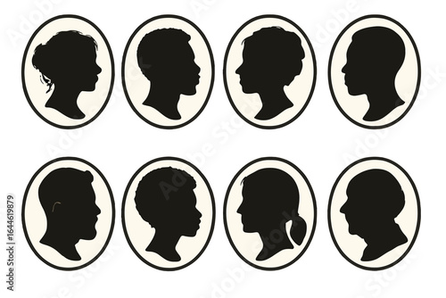 Classic cameo silhouette collection. Vector set of diverse people profiles. Vintage icons of men, women, children heads. Antique avatars in oval frames for design.