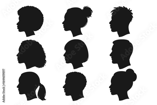 Head silhouettes collection. Diverse male and female profiles with various hairstyles. Man and woman face side view. Anonymous people. Beauty, fashion concept. Vector set.