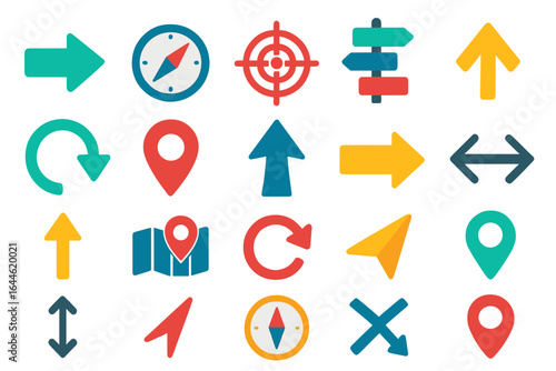 Colorful icons of arrows, compass, target, navigation symbols, direction pointers, map markers, geographic elements vector set, flat style travel and location signs