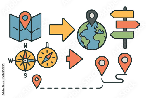 Travel and navigation icon set. Location pin on a world map and globe. Route finding with compass and direction signpost. Vector symbols for tourism, journey, and adventure.