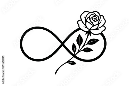 Infinity rose logo for eternal love and romance. Elegant floral eternity symbol for tattoos, wedding invitations. Vector line art design representing endless passion and beauty.