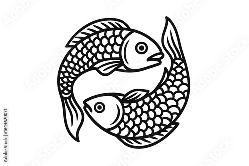Pisces zodiac sign with two fish. Koi carp symbol in a circle. Astrology horoscope icon. Japanese style logo for tattoos. Vector illustration for spiritual balance.
