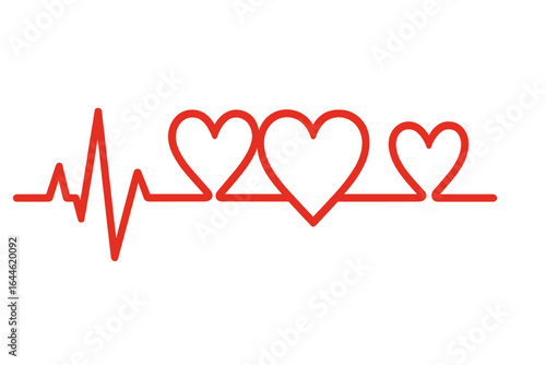 Red heartbeat line with heart symbols. ECG, EKG cardiogram pulse trace. Medical health concept. Love, life and cardio icon. Vector illustration on a white background.
