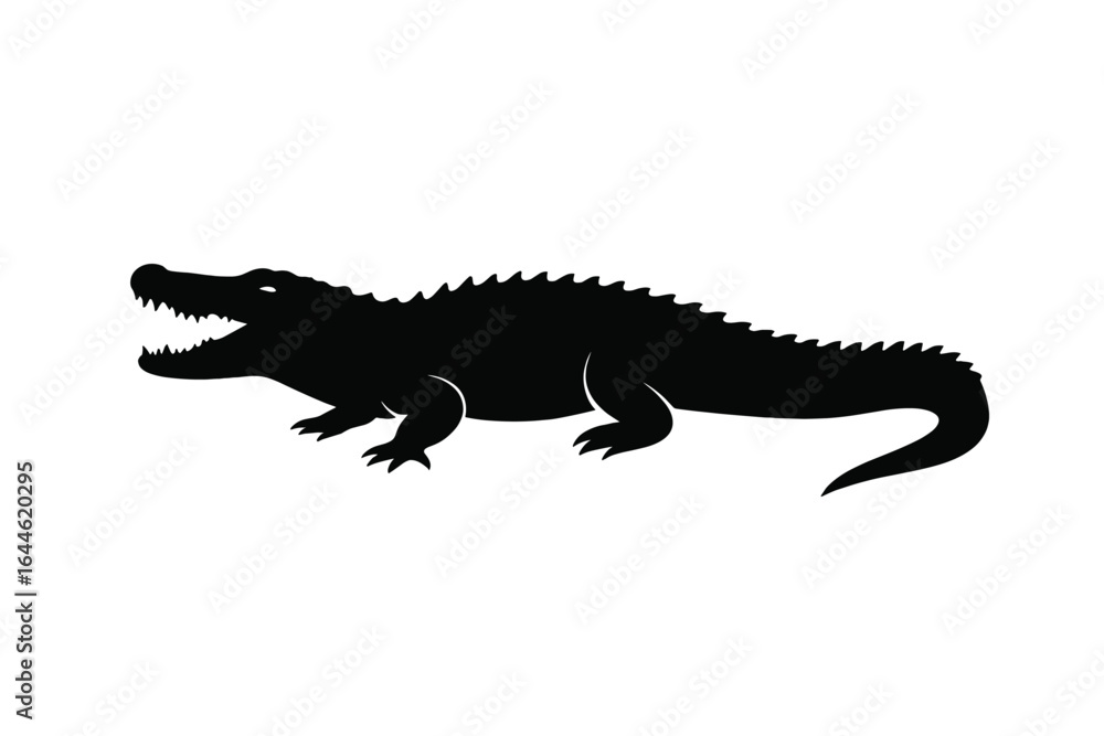 Fototapeta premium Crocodile silhouette vector graphic. Alligator with open mouth showing teeth. Predator reptile illustration. Dangerous wildlife icon. Isolated animal shape for logo or mascot.