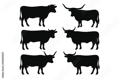 Cow silhouettes vector set. Collection of farm animal icons. Cattle, bull, and livestock with different horn shapes. Agriculture, ranching, beef, and dairy concepts.