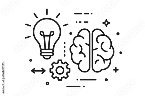 Creative idea and innovation process. Brainstorming concept with brain, lightbulb and gear icons. Thin line vector illustration for business, strategy, and problem solving.