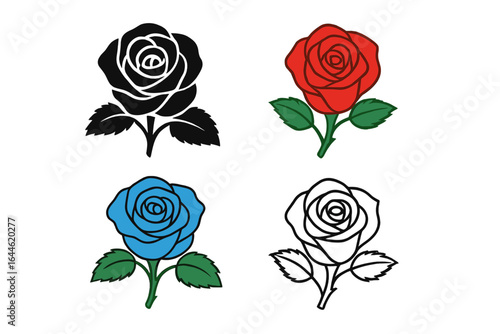 Wallpaper Mural Rose flower vector set. Includes black silhouette, red color, blue color, and outline style. Floral graphic icon for love, beauty, nature, romance. Isolated illustration. Torontodigital.ca