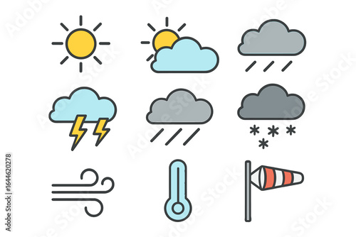 Weather icon set for forecast app and web design. Meteorology symbols collection with sun, clouds, rain, snow, storm, wind, and temperature. Flat vector illustration.