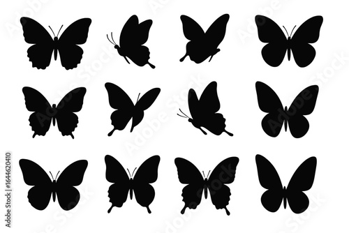 Set of black butterfly silhouettes. Diverse insect shapes collection. Flying and resting monarch butterfly icons for graphic design, sticker, decal or tattoo art.