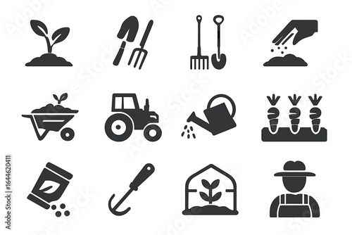 Farming and gardening glyph icons set. Vector collection of agricultural symbols like tractor, shovel, seeds, watering can, farmer, and plant sprout for cultivation.