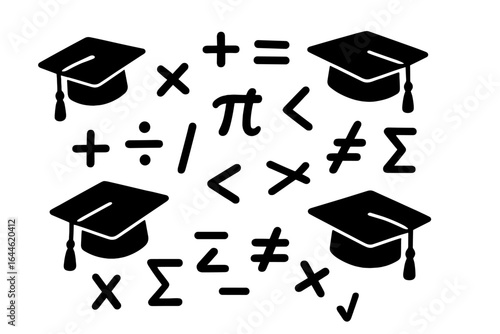 Math education concept with graduation caps and mathematical symbols. Vector icons for school, university, and academic themes. Algebra, calculus signs for learning and knowledge.