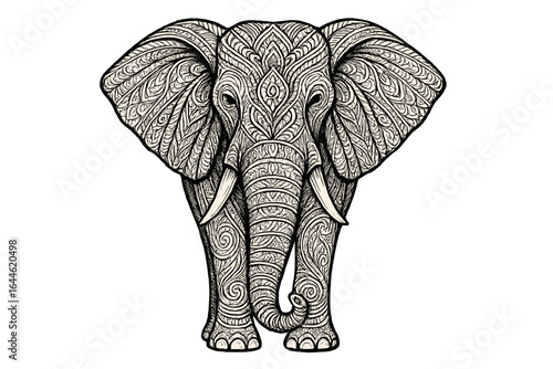 Ornate elephant with intricate patterns. Decorative zentangle style vector illustration. Black and white tribal animal design for coloring book, tattoo, print on white background.