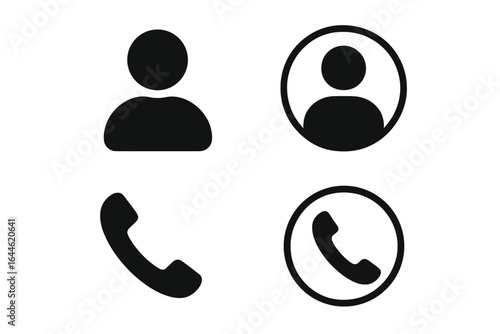 User profile avatar and phone call icon set. Contact and communication symbols for web and app UI. Telephone handset and member silhouette signs. Vector pictogram collection.