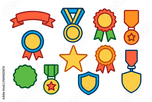 Award ribbon and medal icon set vector illustration. Collection of badges, prizes for winner and champion. Concept for achievement, victory, quality, success. First place symbol.