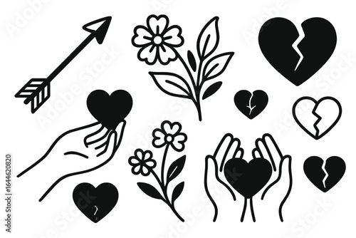 Love and heartbreak vector icon set. Minimalist collection of Cupid's arrow, flowers, hands holding hearts, broken heart symbols. Line art for Valentine's Day or tattoo design.