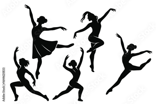 Set of black silhouettes of a dancing girl. Collection of woman dancers figures. Ballet, modern dance pose. Elegant ballerina graceful movements. Performance arts vector.