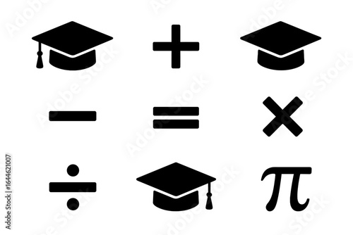 Mathematical education icon set. Graduation cap with math symbols. Academic success concept. University knowledge, school learning. Science, algebra, calculation icons.