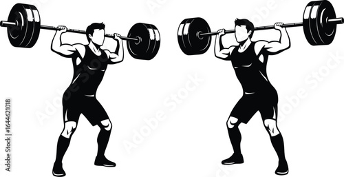 Silhouette of a weightlifter lifting a barbell, showcasing strength, fitness, and determination in a gym or training environment, representing a powerful and muscular athlete in action