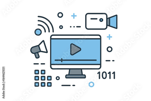 Video content creation and digital marketing concept. Line icons for streaming, vlogging, and online media. Computer screen with play button, camera, wifi, and binary code.