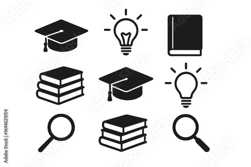 Education icon set. School, university, and learning symbols. Vector collection of graduation cap, light bulb idea, book, and magnifying glass for research and knowledge.