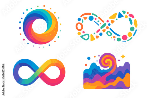Colorful infinity symbol set for neurodiversity and autism pride. Abstract endless loop, swirl, and wave icons. Modern gradient vector logo elements for creative concepts.
