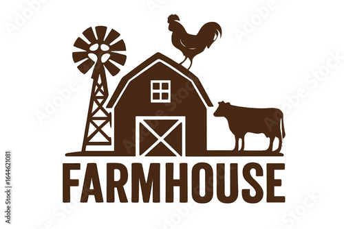 Farmhouse logo with barn, windmill, rooster, cow silhouette. Rustic country farm life emblem. Vintage agriculture vector design. Retro rural graphic for decor. Livestock.
