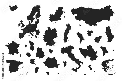 Europe country map silhouette set vector illustration. Collection of European countries shapes like Germany, France, Italy, Spain. Black grunge texture geography graphic element.