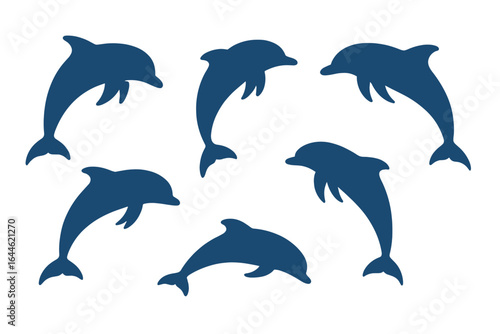 Dolphin silhouette vector set. Blue jumping marine mammal for ocean theme design. Sea animal collection. Aquatic wildlife illustration icon pack isolated on white.