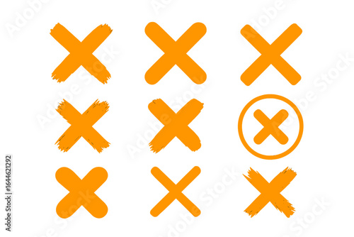 Cross mark collection. Hand-drawn X icon set. Orange no symbol, delete button, wrong mark. Grunge brush stroke style. Stop, remove, and rejection signs. Vector illustration.
