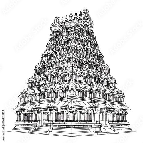 Detailed architectural sketch of a South Indian temple