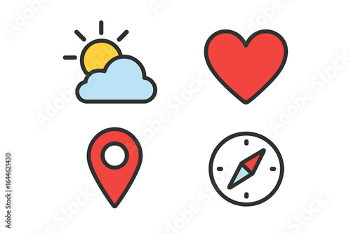 Weather, love, and navigation icon set. Sun, cloud, heart, compass, and location pin symbols for web design, apps, and UI and UX projects. Vector graphic elements.