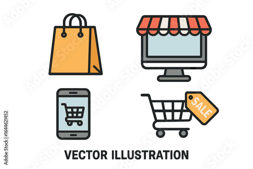 Online shopping vector icon set. E-commerce business concept. Retail store, mobile commerce, sale tag, shopping cart and bag. Digital marketing graphic element design.