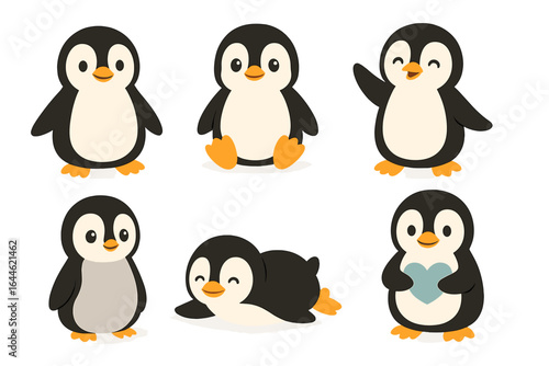 Cute baby penguin character set. Adorable cartoon arctic animal collection. Kawaii penguin in different poses for kids. Flat vector illustration isolated on white.